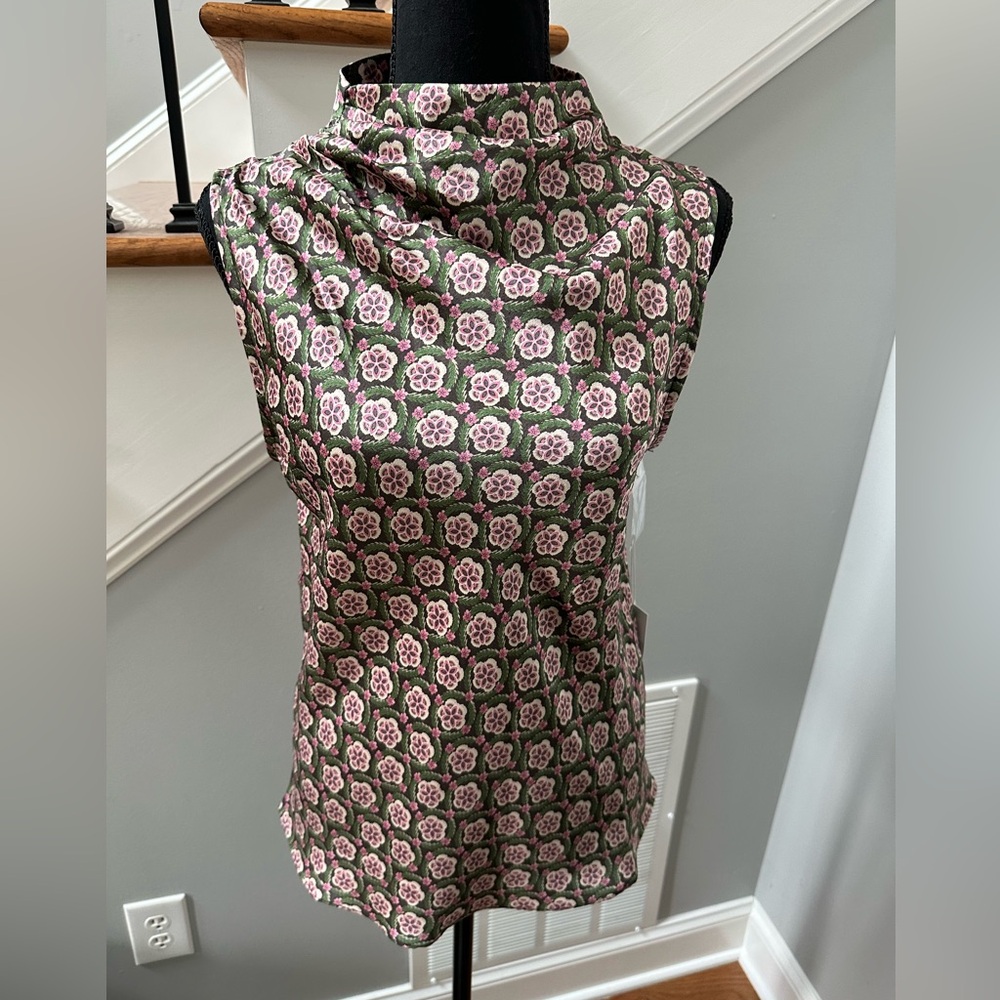 Claude Cowlneck Tank Top Green Pink Floral Clover Print